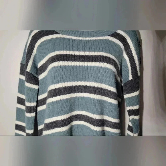 Pink Rose, Striped cropped knit sweater, sage, ivory & gray, womens size LG - Picture 9 of 9